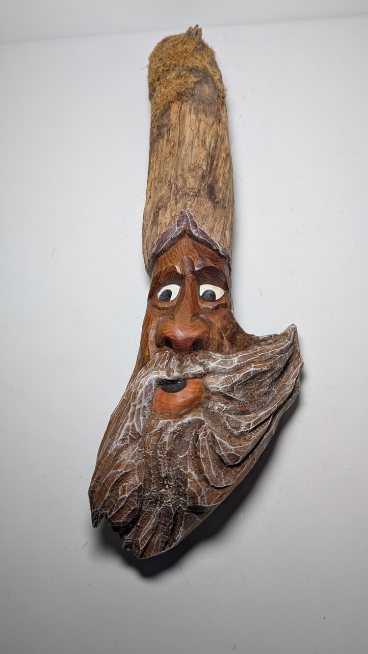 Hand Carved Wood Spirit Bearded Wizard Canadian Signed XB Heavy Rustic Decor 16"